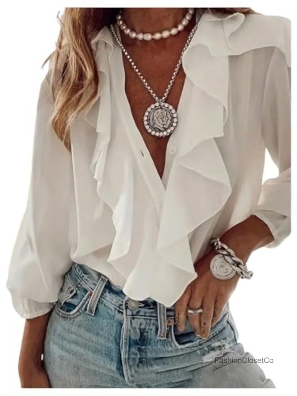 Ruffled Blouse Dressy Business Casual Button Up Long Sleeve V Neck Shirt Women
